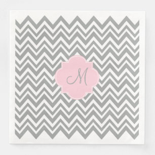 Serviettes En Papier Monogram Grey et blanc Chevron avec Pastel Pink