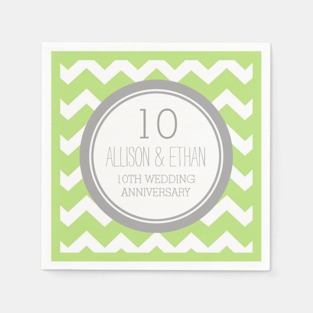 Serviettes En Papier Monogramme 10e anniversaire Napkin Green Chevron (Devant)
