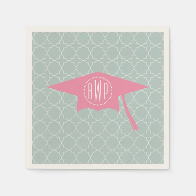 Serviettes En Papier Monogramme Casquette de graduation rose + Quatrefo (Devant)