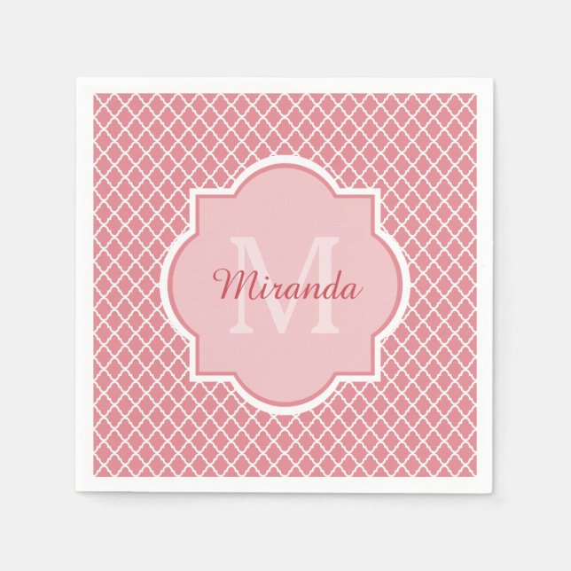 Serviettes En Papier Monogramme de Quatrefoil Rose Chic Avec Nom (Devant)
