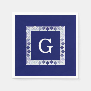 Serviettes En Papier Monogramme encadré clé grecque blanche bleu marine