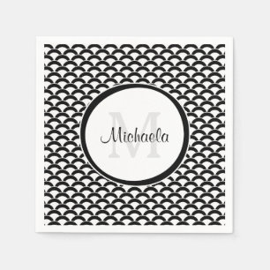 Serviettes En Papier Monogramme et nom des pétoncles noirs et blancs mo