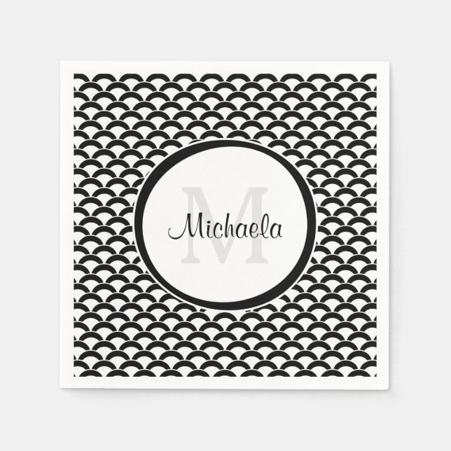 Serviettes En Papier Monogramme et nom des pétoncles noirs et blancs mo (Devant)