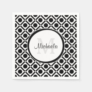 Serviettes En Papier Monogramme et nom géométrique noir et blanc modern