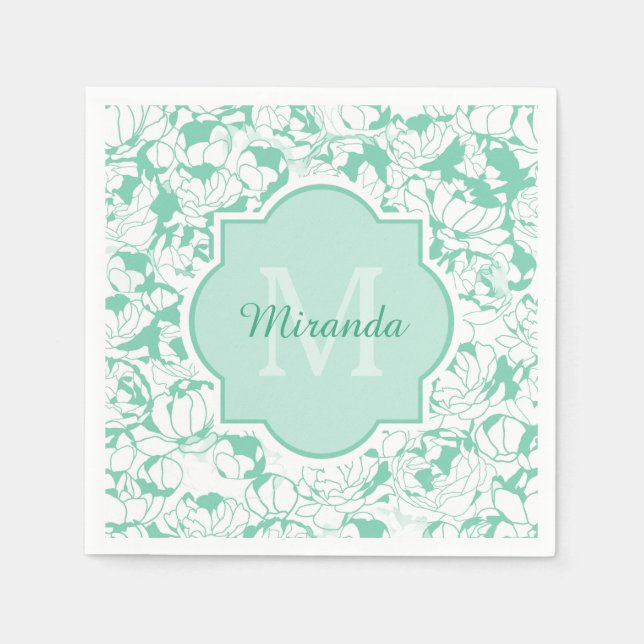 Serviettes En Papier Monogramme Floral Vert Mint Moderne Avec Nom (Devant)