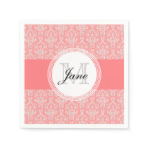 Monogramme moderne Damask Napkin Corail