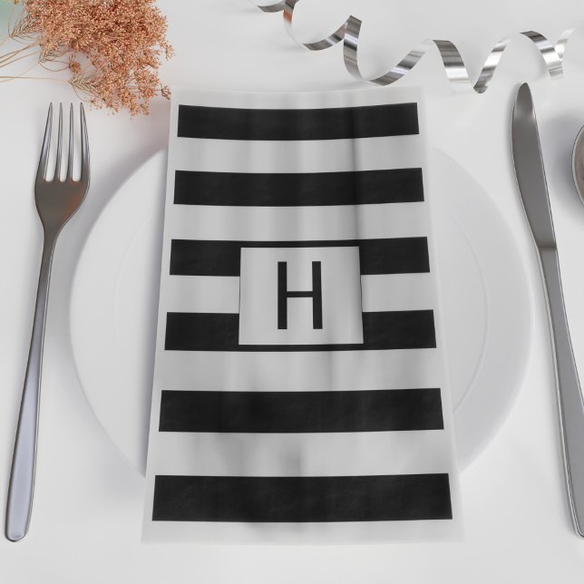 Serviettes En Papier Monogramme moderne rayé noir et blanc (Créateur téléchargé)