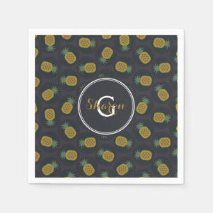 Serviettes En Papier Monogramme motif d'ananas noir rétro