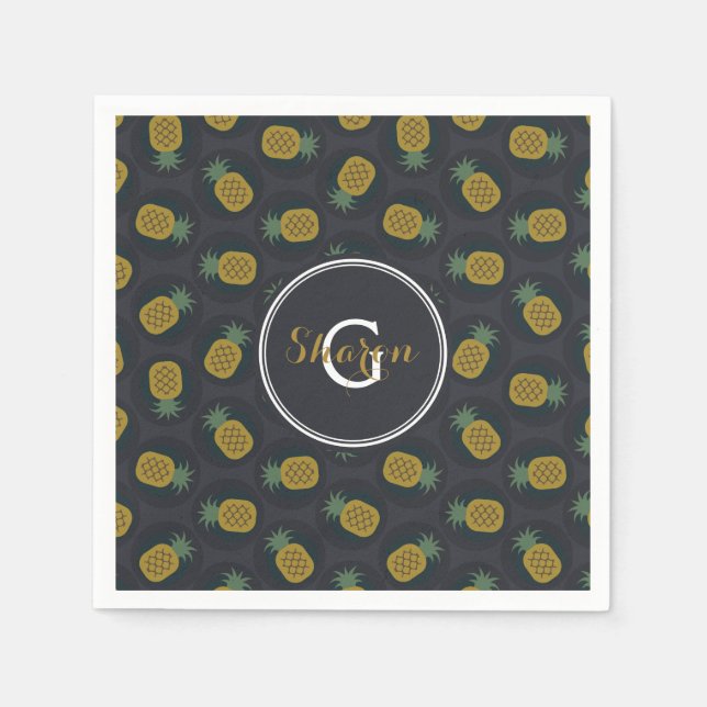 Serviettes En Papier Monogramme motif d'ananas noir rétro (Devant)