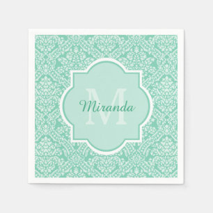 Serviettes En Papier Monogramme vert de menthe élégant avec nom