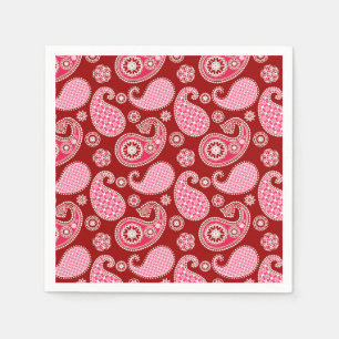 Serviettes En Papier Motif Paisley, rouge foncé, rose et blanc