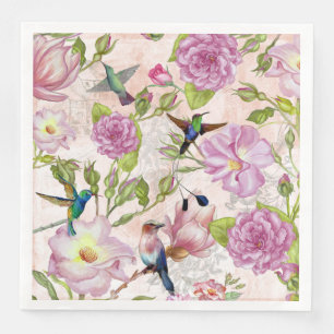 Serviettes En Papier Motif rose de fleurs et de colibris de cru