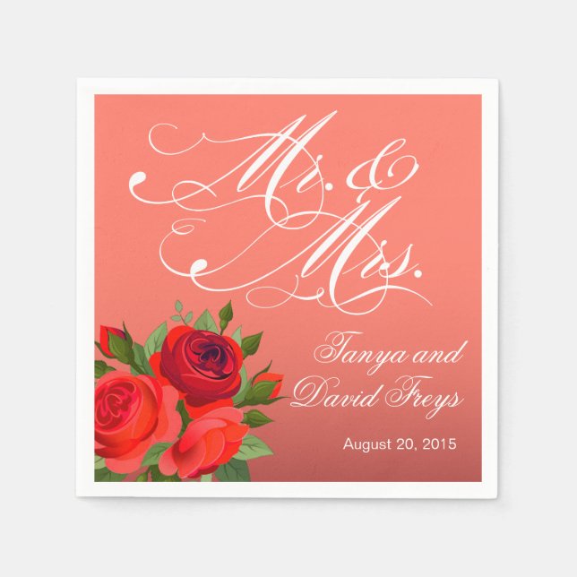 Serviettes En Papier Mr & Mrs Script Typographie Roses corail floral (Devant)