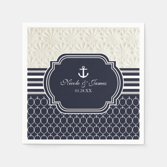 Serviettes En Papier Nautique Marine & White Elegant Beach Mariage (Devant)