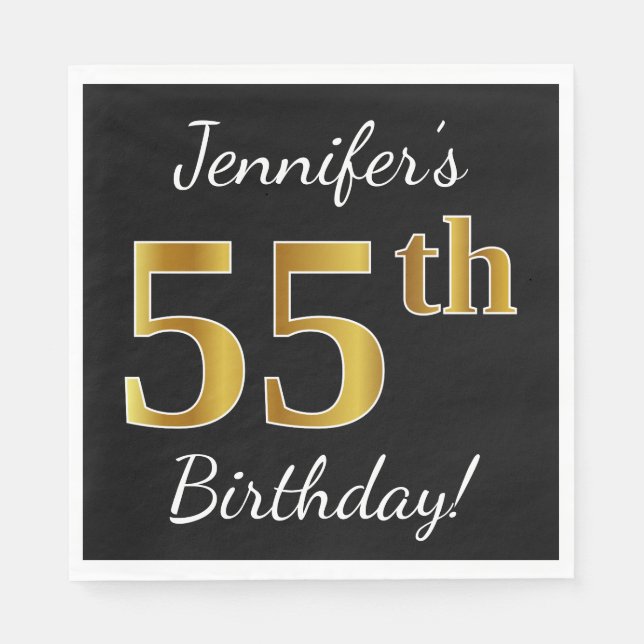 Serviettes En Papier Noir, Faux Gold 55e anniversaire + Nom personnalis (Devant)