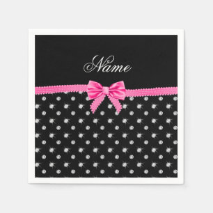Serviettes En Papier Nom personnalisé noir diamant rose arc