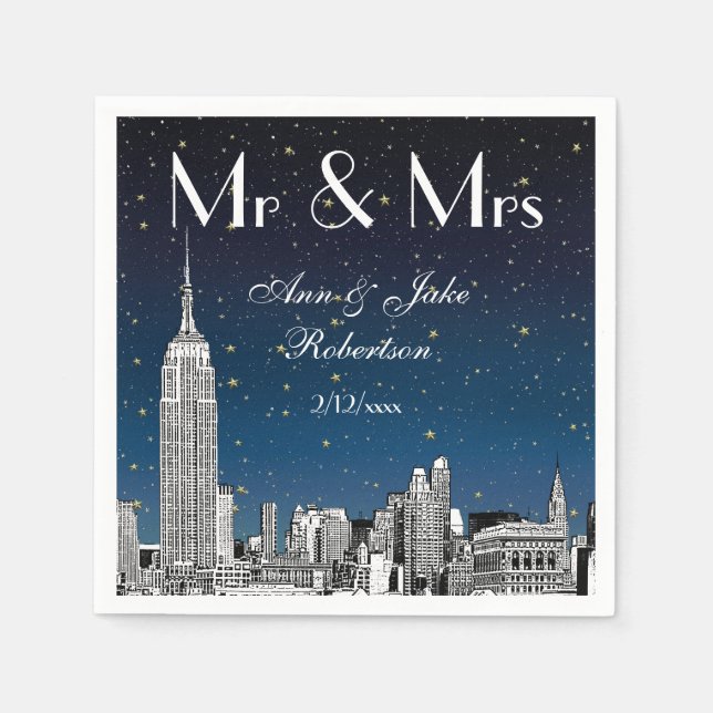 Serviettes En Papier NYC Skyline bleu étoilé Mariage no 2 (Devant)