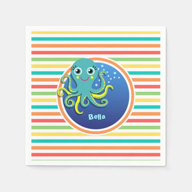 Serviettes En Papier Octopus ; Bright Rainbow Stripes (Devant)