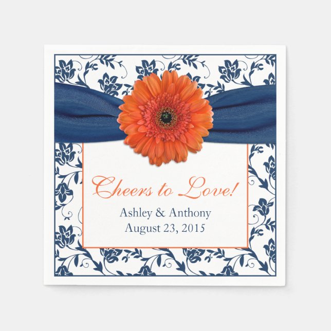 Serviettes En Papier Orange Daisy Navy Blue Damask Mariage personnalisé (Devant)