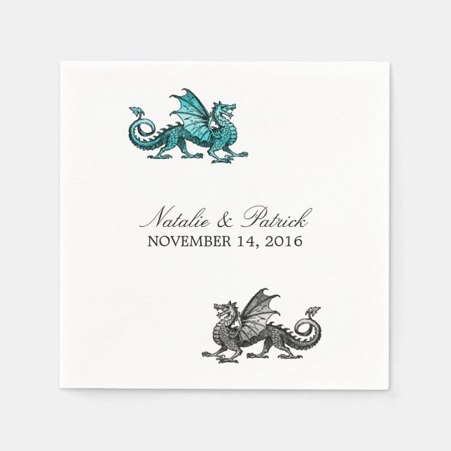 Serviettes En Papier Papier Mariage en argent turquoise Dragon (Devant)