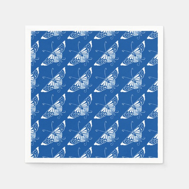 Serviettes En Papier Papillon Art déco stylisé, bleu cobalt et blanc (Devant)
