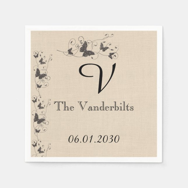 Serviettes En Papier Papillons au chocolat sur Mariage Ecru Linen (Devant)