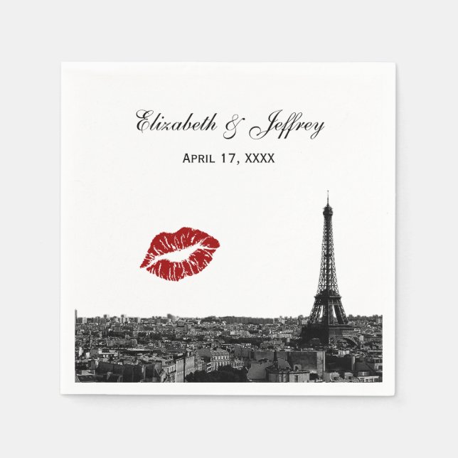 Serviettes En Papier Paris France Skyline Kiss #1 BW Mariage (Devant)