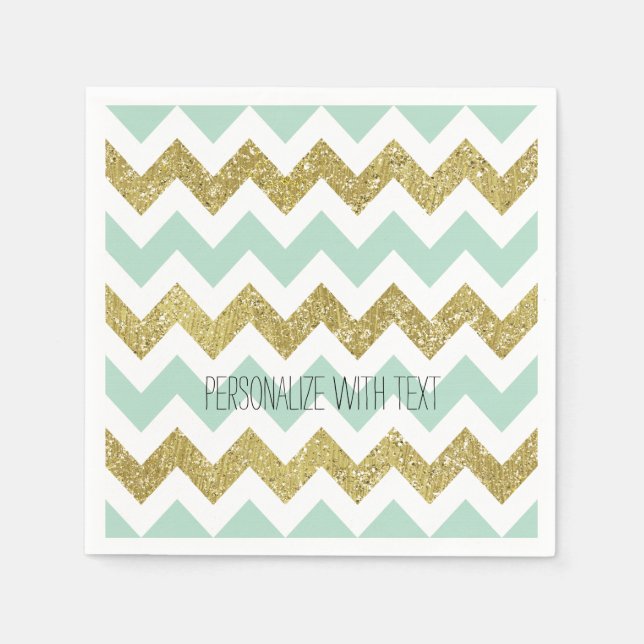 Serviettes En Papier Parties scintillant Chevron Mint et Gold Faux (Devant)