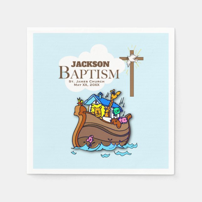 Serviettes En Papier Personnalisable, Baby Boy Baptism Arche de Noah (Devant)