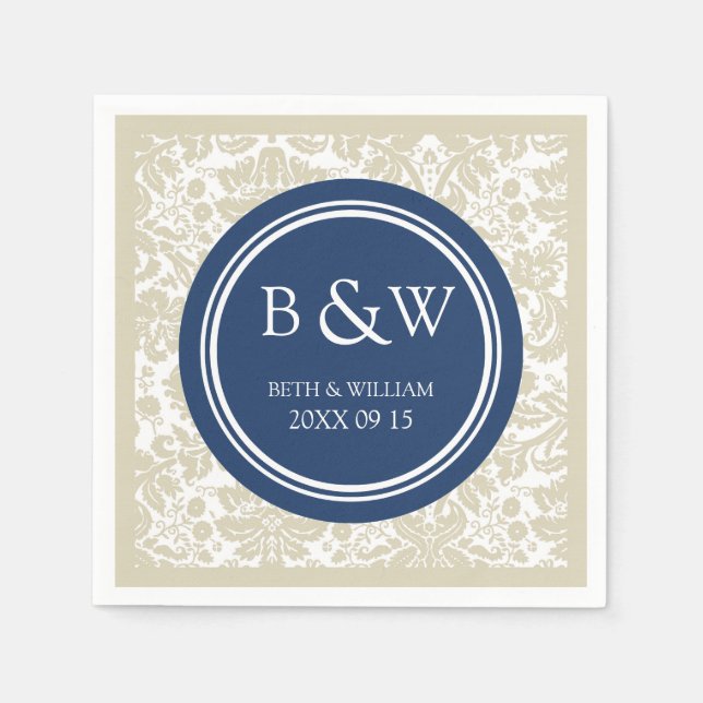 Serviettes En Papier Personnalisé Monogramme Mariage Napkin Beige Bleu  (Devant)