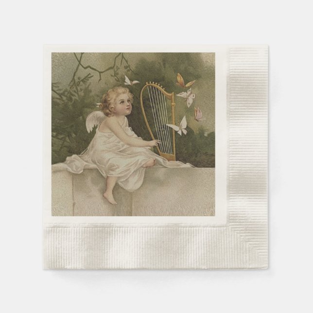Serviettes En Papier Petit ange souriant avec papillons et harpe (Devant)