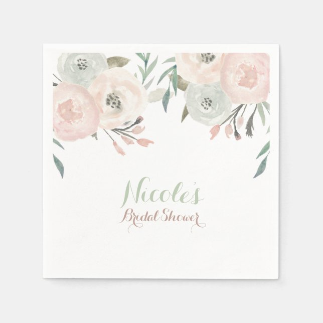 Serviettes En Papier Pink & Sage Mint Vert Moderne Floral Élégant (Devant)