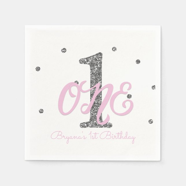Serviettes En Papier Pink & Silver Girls ONE 1er anniversaire (Devant)