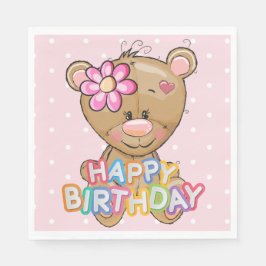 Serviettes En Papier Premier anniversaire Pois roses Teddy Bear