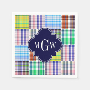 Serviettes En Papier Preppy Patchwork Madras Navy Quatrefoil Monogramme