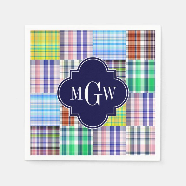 Serviettes En Papier Preppy Patchwork Madras Navy Quatrefoil Monogramme (Devant)