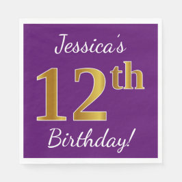 Serviettes En Papier Purple, Faux Gold 12e anniversaire + Nom personnal