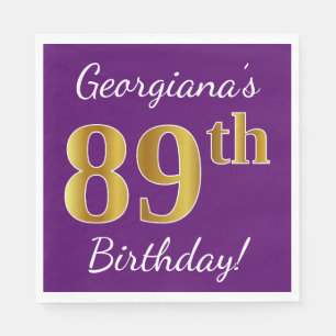 Serviettes En Papier Purple, Faux Gold 89e anniversaire + Nom personnal
