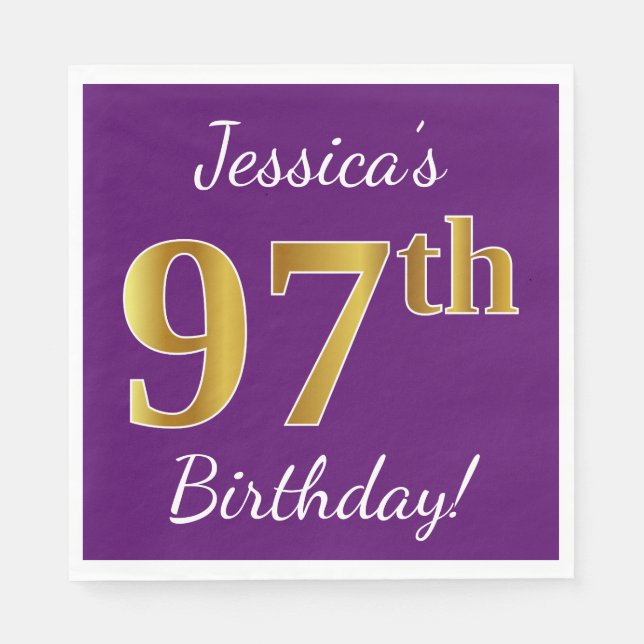 Serviettes En Papier Purple, Faux Gold 97e anniversaire + Nom personnal (Devant)