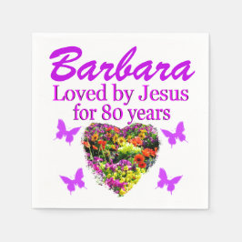 SERVIETTES EN PAPIER PURPLE PERSONNALISÉ FLORAL 80E ANNIVERSAIRE NAPKIN