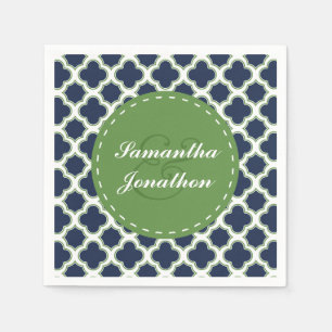 Serviettes En Papier Quatrefoil Motif Marine & Green Custom Wedding