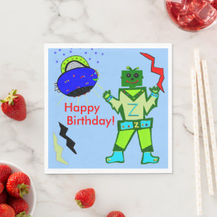 Serviettes En Papier Robot Garçon Mignon Bateau Spatial Bleu Anniversai