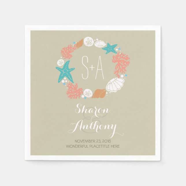 Serviettes En Papier Romantique Plage Trésors Mariage Papier Napkins (Devant)