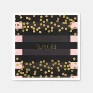 Serviettes En Papier Rose gêné & Rayures noires Points en feuille dorée