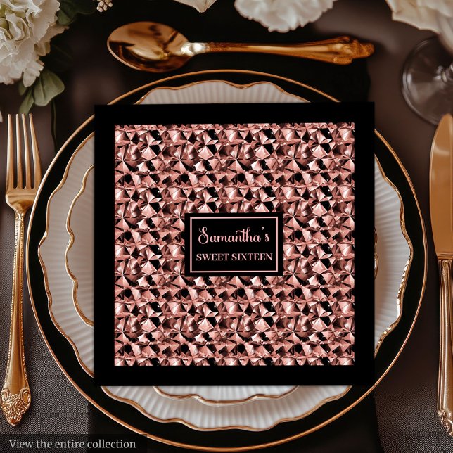 Serviettes en papier rose gold et noir, emballage  (Rose Gold and Black Napkins Elegant Party Wrap)