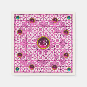 SERVIETTES EN PAPIER ROSE LILAC GÉOMÉTRIQUE LACE GEM STONE MONOGRAMME