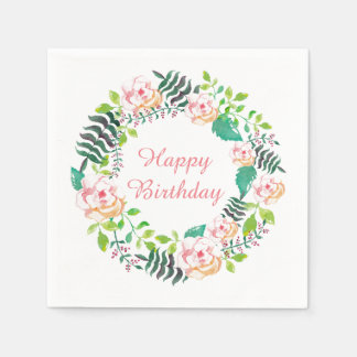 Serviettes En Papier Rose rose Floral Wreath Joyeux anniversaire