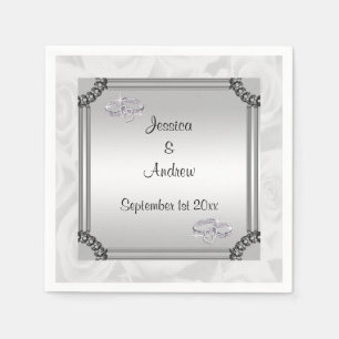 Serviettes En Papier Roses blanches et anneaux de Mariage diamant
