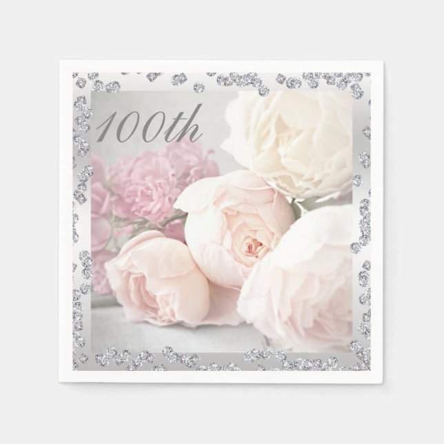 Serviettes En Papier Roses romantiques et diamants 100e anniversaire Se (Devant)