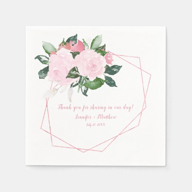 Serviettes En Papier Roses rose pâle Réception Feuille verte | (Devant)